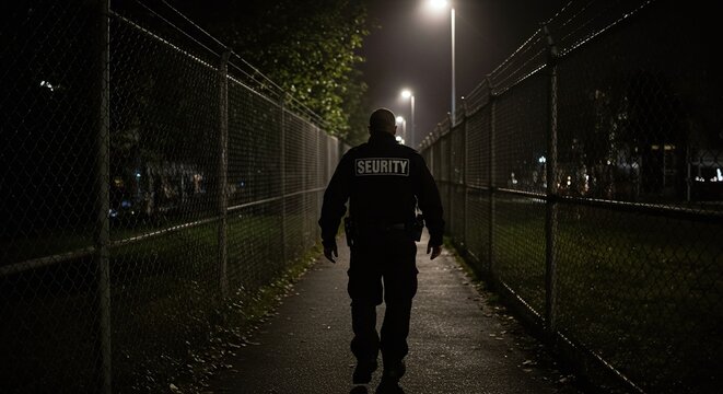 Guardian of the Night: A security guard patrols a darkened pathway, their silhouette defined against the subtle glow of streetlights and the barrier fence, hinting at vigilance.