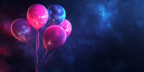 a bunch of vibrant balloons against a dreamy, celestial background