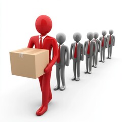 Red 3D figure carries a box in front of a gray figures queue on white background. Business concept image.