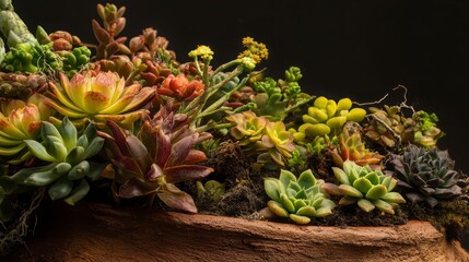 Fototapeta premium Colorful Succulents In Rustic Pot, Close Up View Of Plants In Container Gardening Displaying Variety Of Colors And Textures, High Quality Photography Featuring Botanical Arrangement And Nature