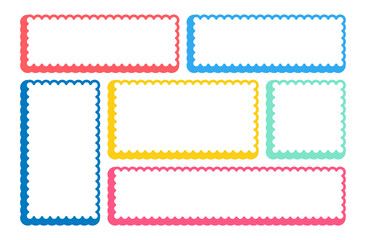 Frames Scalloped Vector Corrugated Bento Grid Shapes Set. Scallop Frame Wavy Retro Stickers Collection. Zig Zag Edge Geometric Borders Tag Boxes. Wiggle Line Design Sign Background. Isolated