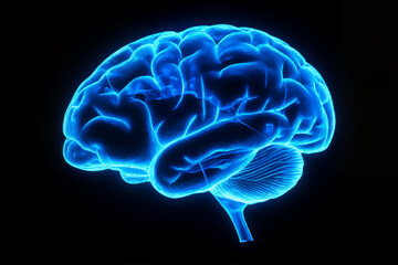 Neon Blue Digital Illustration of Human Brain on Black Background