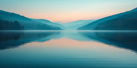 Fototapeta premium A tranquil lake reflecting the mountains in the soft light of dawn