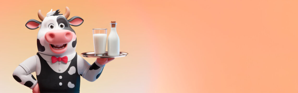 Cute cheerful cartoon 3d cow waiter serves milk with a smile in a colorful setting. Horizontal banner.