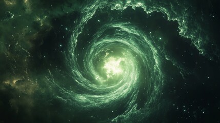 A mesmerizing view of a spiral galaxy with vibrant green clouds and sparkling stars. The image captures the vastness and beauty of space. 