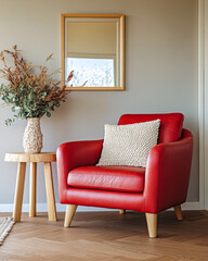 Cozy living room corner featuring a red armchair and stylish decor elements