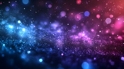 Fototapeta premium Neon glitter background. Grain texture. Defocused sparkles. Bokeh glow. Fluorescent blue magenta pink color gradient light shimmering sequin pattern. Abstract modern Purple Glitter Background