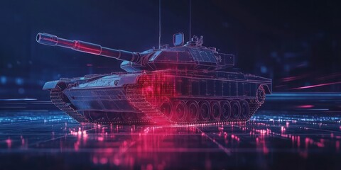 Stylized tank outlined in digital data with illuminated grid
