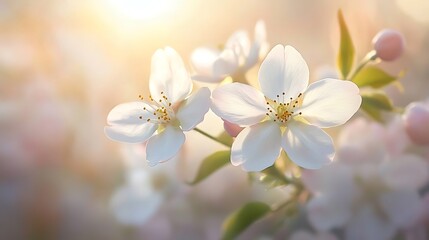 Obraz premium White Cherry Blossoms in Soft Sunlight, Close-up of white cherry blossoms with soft sunlight in the background