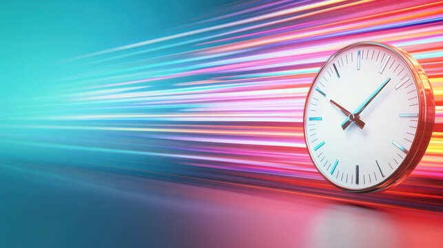 High speed time concept with clock face and colorful light streaks