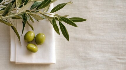 Fresh Green Olives with Olive Branch on Textured Linen Background