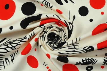 Cream fabric with red and black abstract print.  Swirled for texture. Perfect for fashion or design projects.