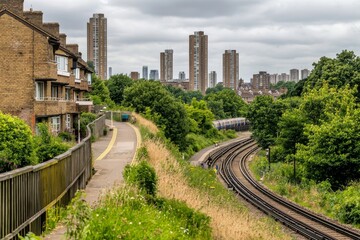 Obraz premium A striking urban contrast emerges between the modern apartments and the industrial train tracks, with lush greenery in the foreground softening the scene