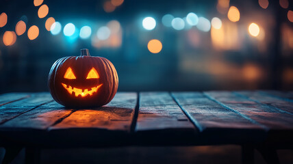 Empty wooden table and blurred creepy pumpkin as Halloween background. Halloween night. Pumpkin face. Mockup. Copy Space