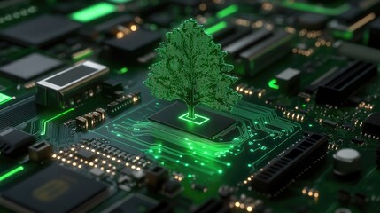 Obraz premium Tree Symbolizing Sustainability on a Circuit Board Background
