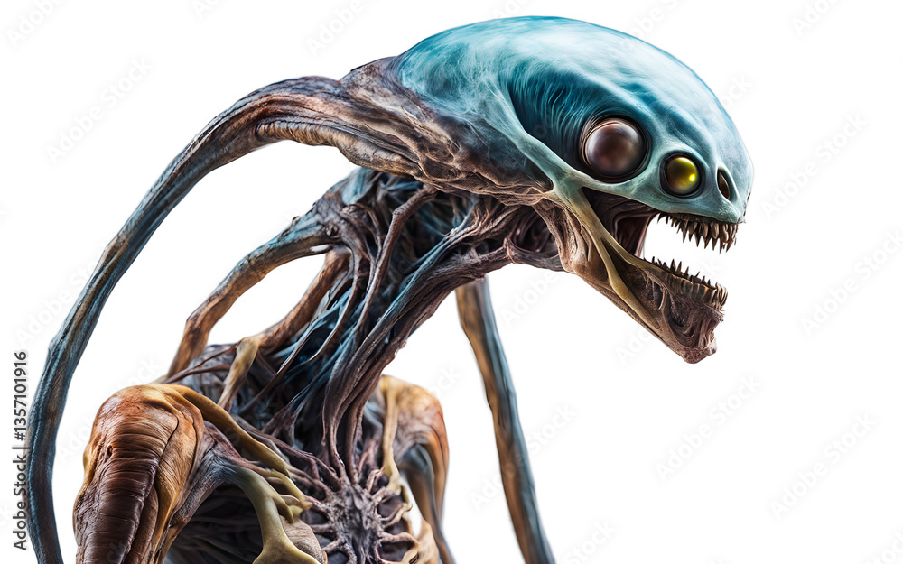 Poster Otherworldly alien being with shifting colors and floating appendages, isolated on a empty plain background
