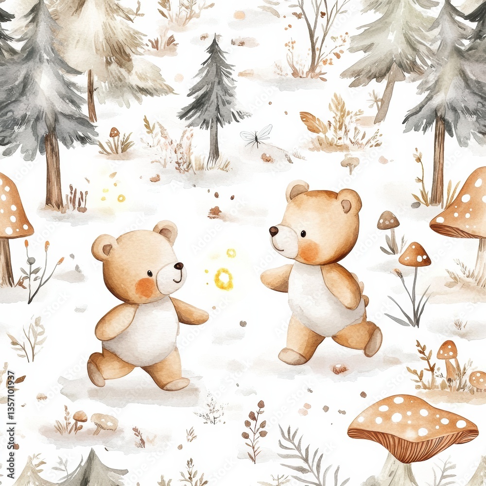 Poster cute teddy bears exploring an enchanted forest filled with mushrooms and glowing fireflies in soft p