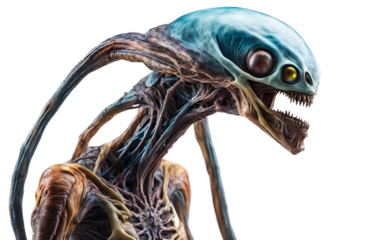 Otherworldly alien being with shifting colors and floating appendages, isolated on a empty plain background