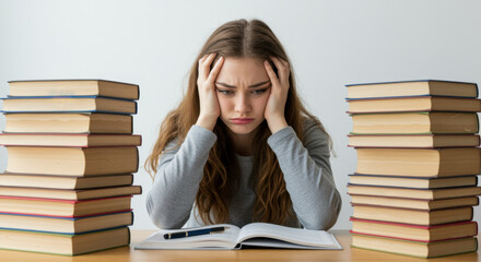 Stressed caucasian female young adult studying with books at desk