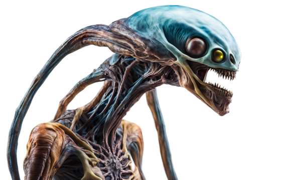 Otherworldly alien being with shifting colors and floating appendages, isolated on a empty plain background