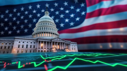 A striking image of the U.S. Capitol building against a backdrop of the American flag and stock market trends, symbolizing government and finance.