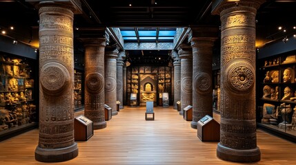 Ancient museum hall showcasing ornate pillars, artifacts, and exhibits