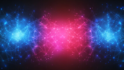 Obraz premium Abstract futuristic background with glowing blue and pink light waves, interconnected dots and lines forming dynamic shapes.