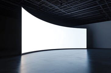 Large curved LED screen in empty virtual studio, no ceiling, black wall, white background, mockup for product/data presentation, modern atmosphere, product display