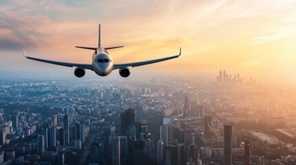 An airplane soars above a bustling city skyline during a vibrant sunset, showcasing urban life beneath a colorful sky.