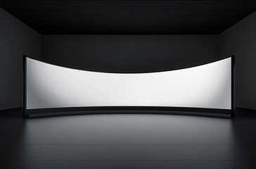 Large curved LED screen in empty virtual studio, no ceiling, black wall, white background, mockup for product/data presentation, modern atmosphere, product display