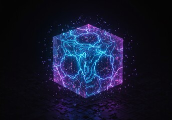 Enigmatic Cube: An abstract, glowing cube radiates with electric energy. Neon hues illuminate its geometric structure, capturing the imagination with a sense of futuristic design.