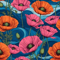 Vibrant Poppies Seamless Pattern on Abstract Blue Waves