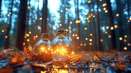Illuminated light bulbs in forest at twilight
