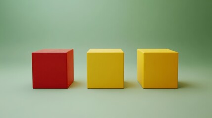 Obraz premium Three colorful cubes arranged in a row against a muted green background. Red, yellow, and gold cubes are shown in a simple, minimalist setting.
