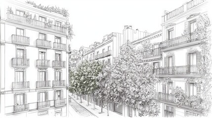 Obraz premium Mediterranean architecture is highlighted in a cityscape sketch of a narrow street with balconies, focusing on urban planning