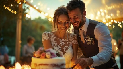 Happy couple cutting wedding cake outdoors at a reception