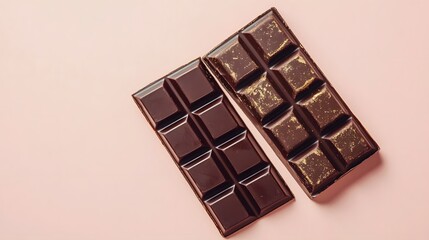 Obraz premium Dark Chocolate Indulgence: Two bars of rich, dark chocolate, each with a unique texture and hue, arranged on a soft-colored surface, offering a tantalizing view.