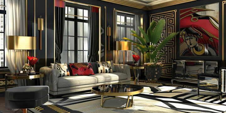 Art Deco living room featuring geometric designs, bold patterns, and luxurious metallic finishes