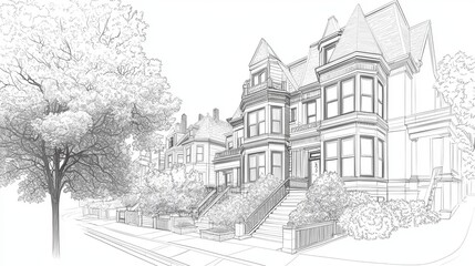 Obraz premium Architectural drawing of city street row houses within an urban landscape