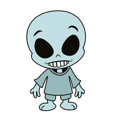 Funny cartoon alien. Creepy cute alien. Smiling kind alien with a big head in a shirt. Print for T-shirt, hoodie, etc.