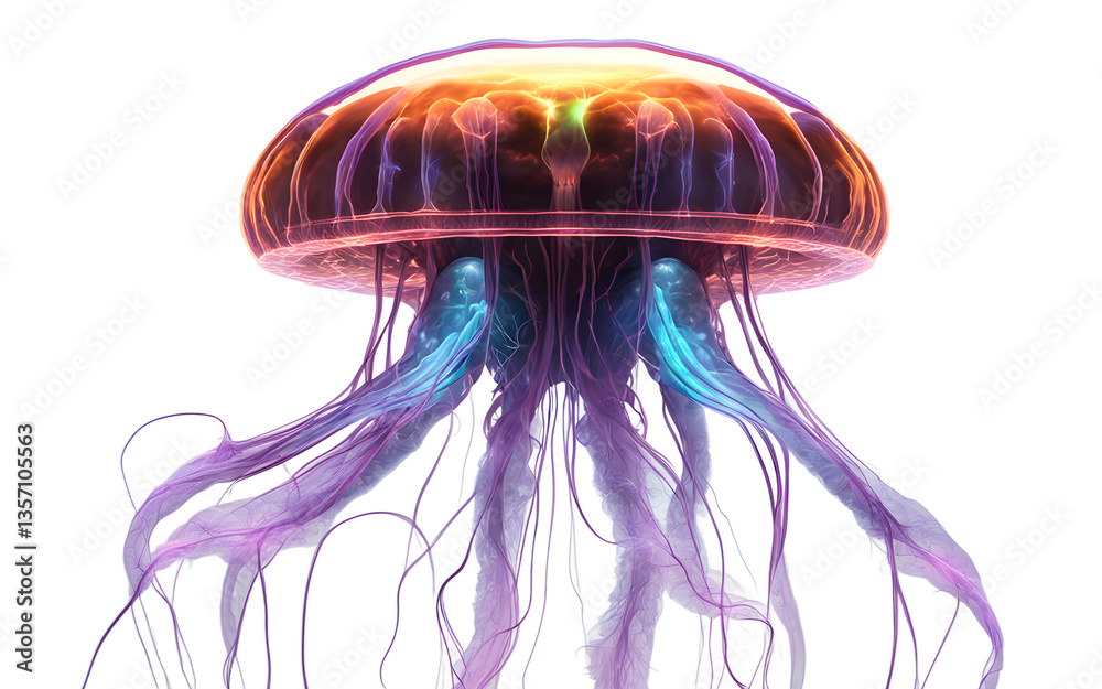 Poster neon jellyfish-like alien floating with bioluminescent tendrils, isolated on a empty plain backgroun