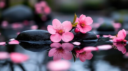 Pink blossoms on stones in water garden, peaceful scene