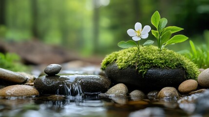 White flower on moss-covered rock by flowing creek in forest