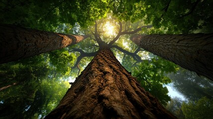 Sunlight filtering through forest canopy, looking up at towering trees