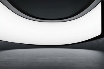 Large curved LED screen in empty virtual studio, no ceiling, black wall, white background, mockup for product/data presentation, modern atmosphere, product display