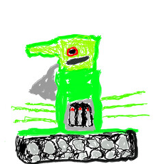 Bright and creative children's drawing. Doodle Military tank, cartoon style. Green tank with an unusual muzzle and fancy details. For illustrations, children's creativity, imagination