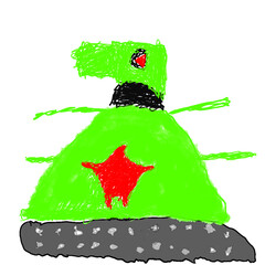 Bright and creative children's drawing. Doodle Military tank, cartoon style. Green tank with an unusual muzzle and fancy details. It is ideal for illustrations related to children's creativity