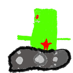 Bright and creative children's drawing. Doodle Military tank, cartoon style. Green tank with an unusual muzzle and fancy details. For illustrations, children's creativity