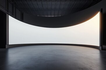 Large curved LED screen in empty virtual studio, no ceiling, black wall, white background, mockup for product/data presentation, modern atmosphere, product display