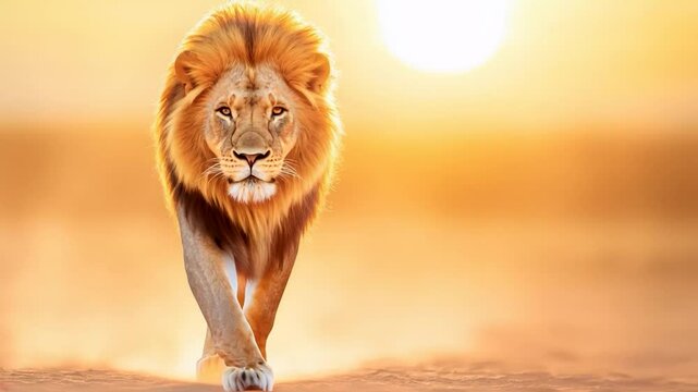 A majestic lion walking through the African savanna at sunset, golden light highlighting its mane